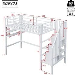 Enfant Redom Lit superposé 90x200 cm avec échelle intégrée et rangements, structure métal blanc design contemporain gain de place