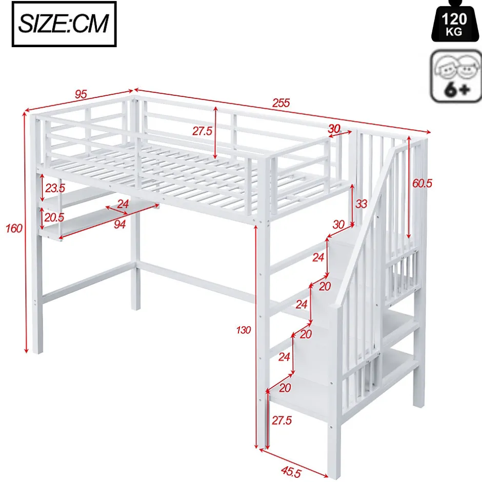 Enfant Redom Lit superposé 90x200 cm avec échelle intégrée et rangements, structure métal blanc design contemporain gain de place