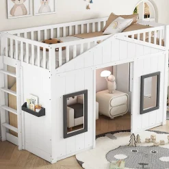 Enfant Redom Lit superposé 90x200 cm avec escalier intégré, cabane décorative et structure en pin/MDF, gain de place