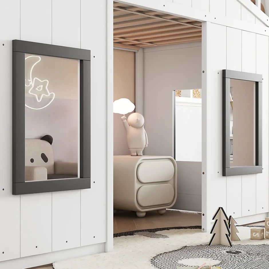Enfant Redom Lit superposé 90x200 cm avec escalier intégré, cabane décorative et structure en pin/MDF, gain de place