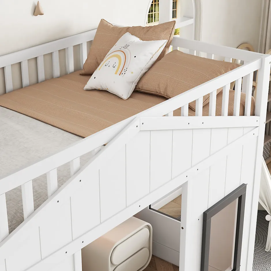 Enfant Redom Lit superposé 90x200 cm avec escalier intégré, cabane décorative et structure en pin/MDF, gain de place