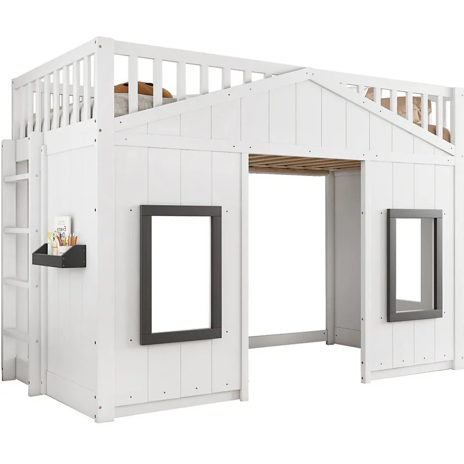 Enfant Redom Lit superposé 90x200 cm avec escalier intégré, cabane décorative et structure en pin/MDF, gain de place