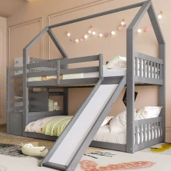 Redom Lit superposé 90x200 cm avec escalier de rangement et toboggan, structure en pin et MDF, chambre enfant Clearance