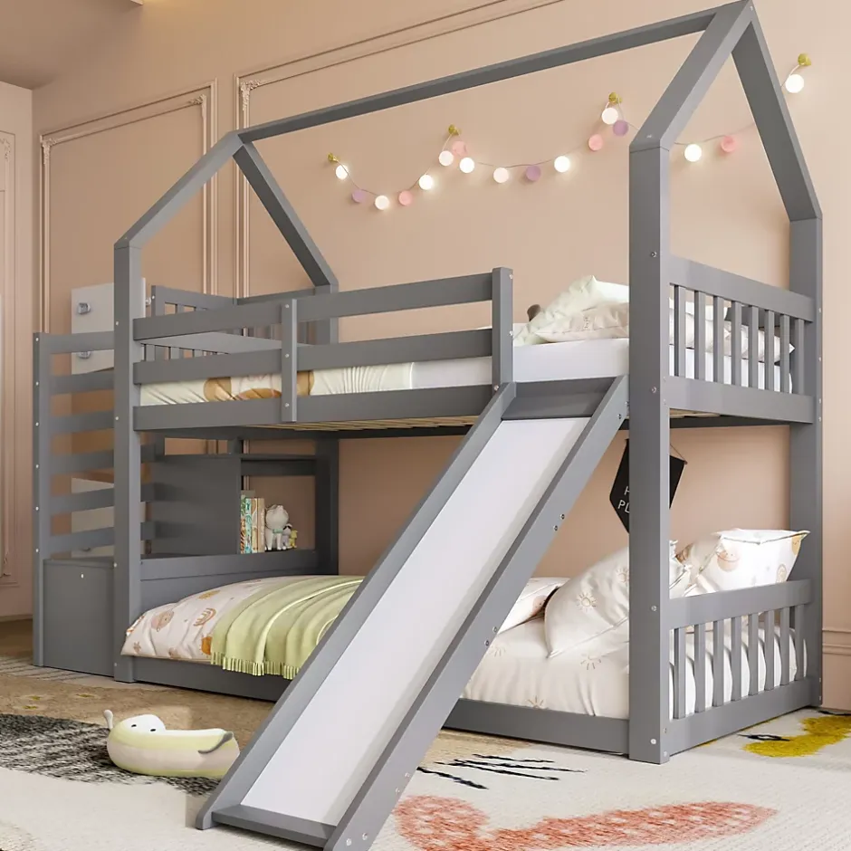 Redom Lit superposé 90x200 cm avec escalier de rangement et toboggan, structure en pin et MDF, chambre enfant Clearance