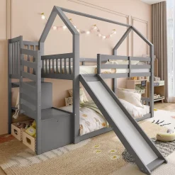 Redom Lit superposé 90x200 cm avec escalier de rangement et toboggan, structure en pin et MDF, chambre enfant Clearance