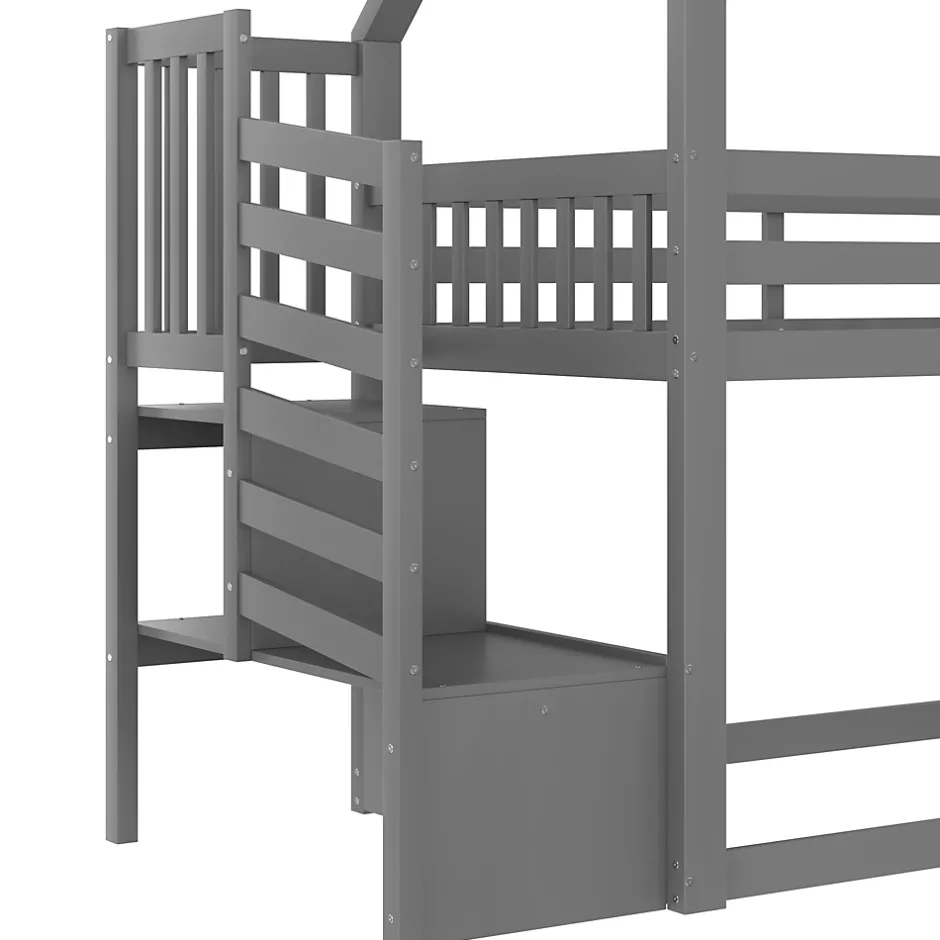 Redom Lit superposé 90x200 cm avec escalier de rangement et toboggan, structure en pin et MDF, chambre enfant Clearance