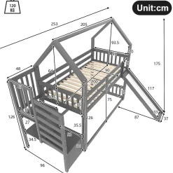 Redom Lit superposé 90x200 cm avec escalier de rangement et toboggan, structure en pin et MDF, chambre enfant Clearance