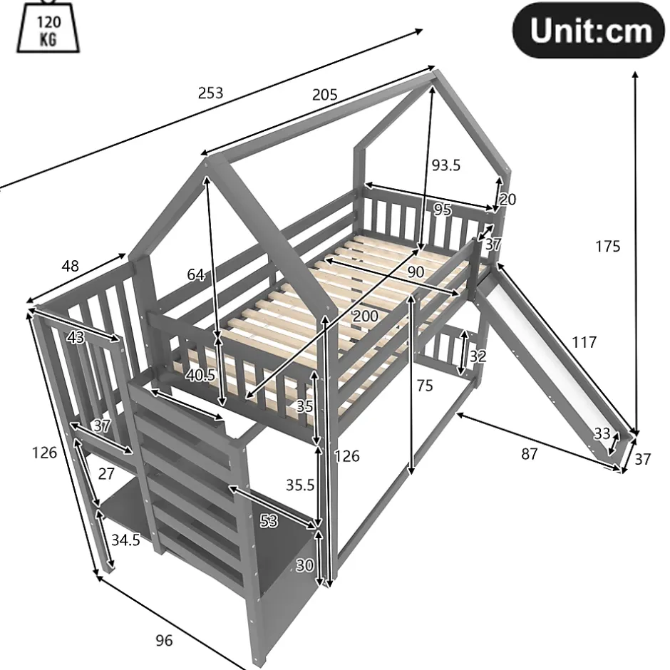Redom Lit superposé 90x200 cm avec escalier de rangement et toboggan, structure en pin et MDF, chambre enfant Clearance