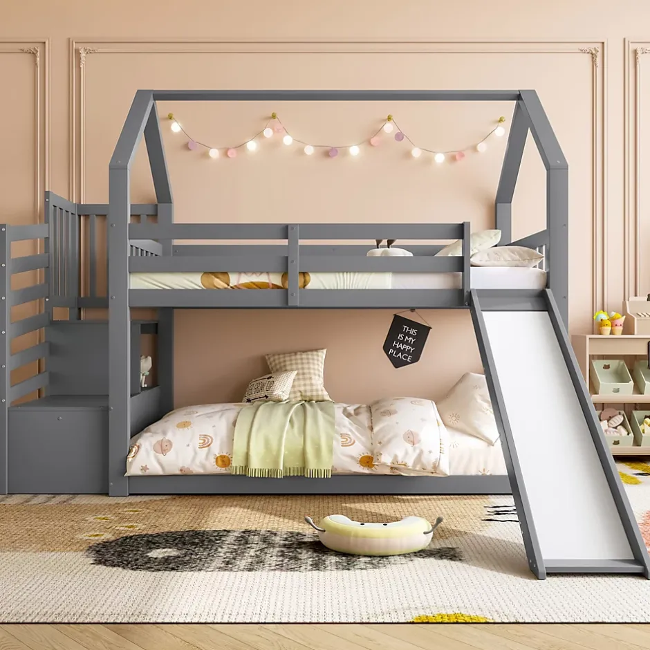 Redom Lit superposé 90x200 cm avec escalier de rangement et toboggan, structure en pin et MDF, chambre enfant Clearance