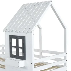 Redom Lit superposé 90x200 cm avec fenêtres et échelle à main courante, structure en pin massif et MDF