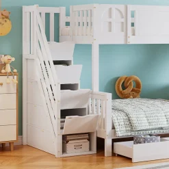 Enfant Fortuna lai Lit superposé 90x200 cm, avec fenêtre, toboggan, étagères, 4 rangements, cadre bois