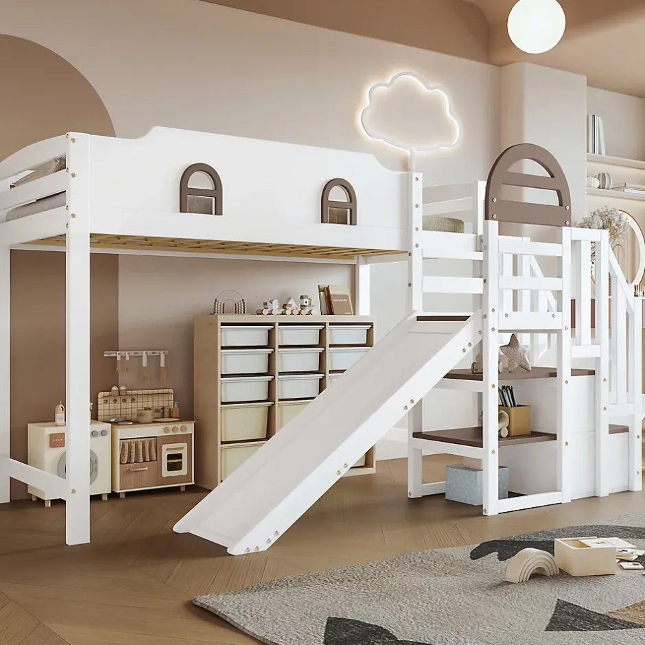Fortuna lai Lit superposé 90x200 cm, avec fenêtre, toboggan, 2 rangements dans l'échelle, blanc,marron New