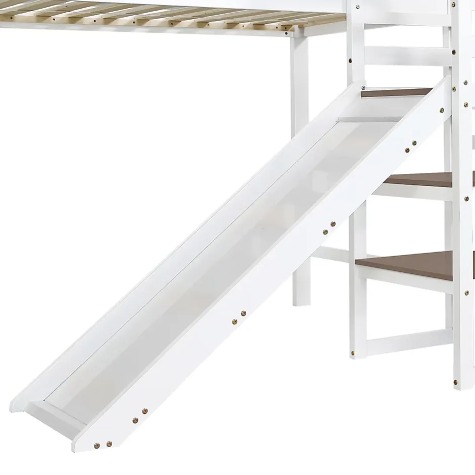Fortuna lai Lit superposé 90x200 cm, avec fenêtre, toboggan, 2 rangements dans l'échelle, blanc,marron New