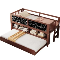 Enfant Redom Lit superposé 90x200 cm avec lit gigogne, panneaux tableau à craie et rangement ouvert en bois massif brun