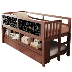Enfant Redom Lit superposé 90x200 cm avec lit gigogne, panneaux tableau à craie et rangement ouvert en bois massif brun
