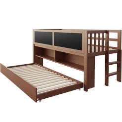 Enfant Redom Lit superposé 90x200 cm avec lit gigogne, panneaux tableau à craie et rangement ouvert en bois massif brun