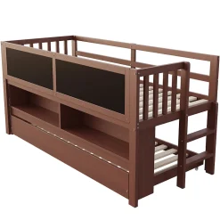 Enfant Redom Lit superposé 90x200 cm avec lit gigogne, panneaux tableau à craie et rangement ouvert en bois massif brun
