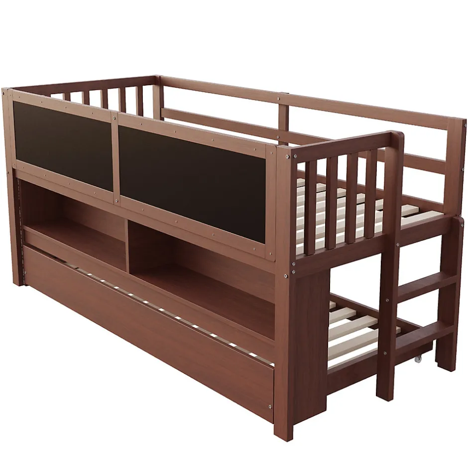 Enfant Redom Lit superposé 90x200 cm avec lit gigogne, panneaux tableau à craie et rangement ouvert en bois massif brun