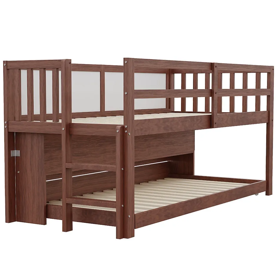 Enfant Redom Lit superposé 90x200 cm avec lit gigogne, panneaux tableau à craie et rangement ouvert en bois massif brun