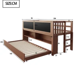 Enfant Redom Lit superposé 90x200 cm avec lit gigogne, panneaux tableau à craie et rangement ouvert en bois massif brun