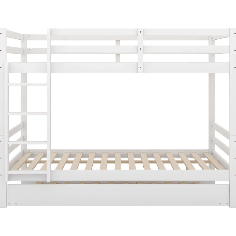 Redom Lit superposé 140x200 cm avec lit gigogne et échelle intégrée, structure en pin et MDF, finition blanche et garde-corps hauts Sale