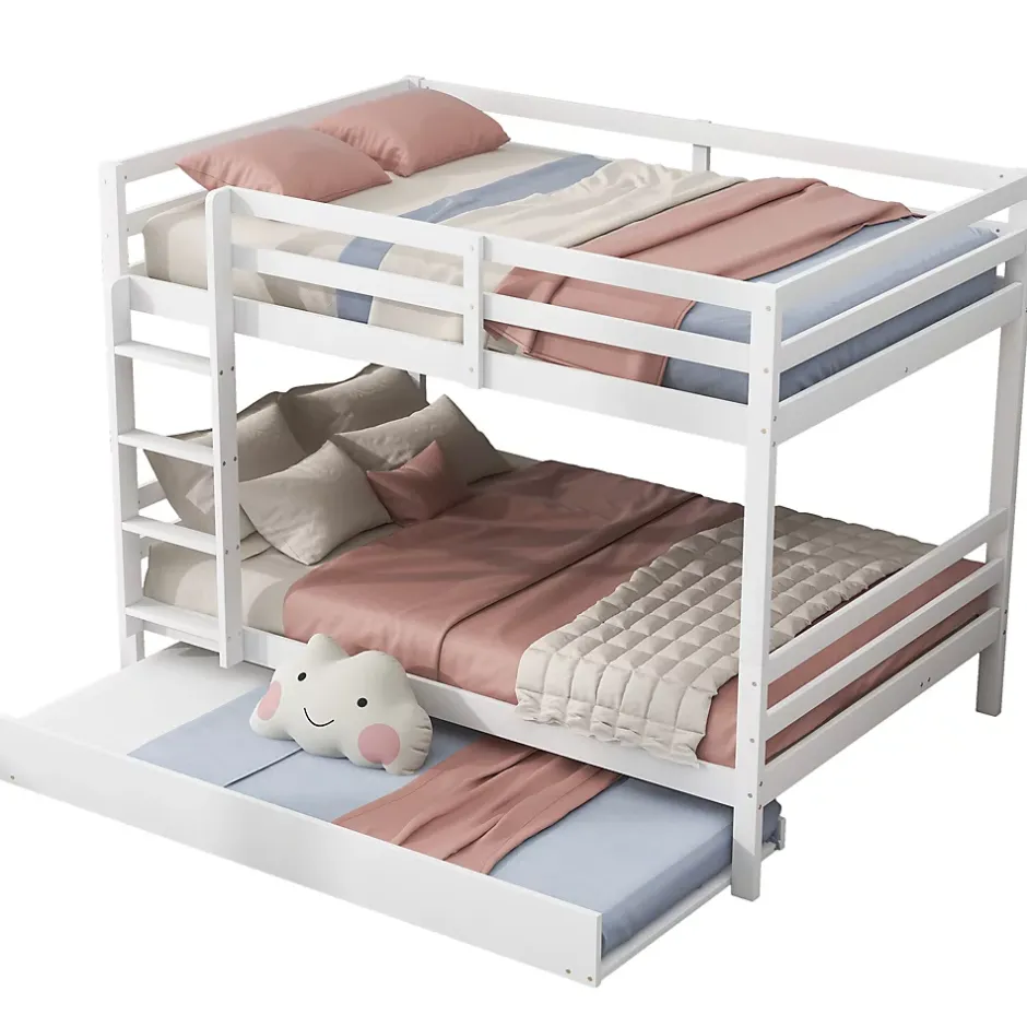 Redom Lit superposé 140x200 cm avec lit gigogne et échelle intégrée, structure en pin et MDF, finition blanche et garde-corps hauts Sale