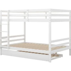 Redom Lit superposé 140x200 cm avec lit gigogne et échelle intégrée, structure en pin et MDF, finition blanche et garde-corps hauts Sale