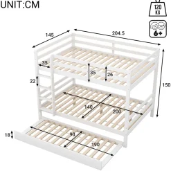 Redom Lit superposé 140x200 cm avec lit gigogne et échelle intégrée, structure en pin et MDF, finition blanche et garde-corps hauts Sale
