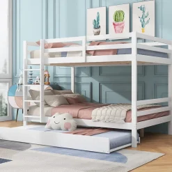 Redom Lit superposé 140x200 cm avec lit gigogne et échelle intégrée, structure en pin et MDF, finition blanche et garde-corps hauts Sale