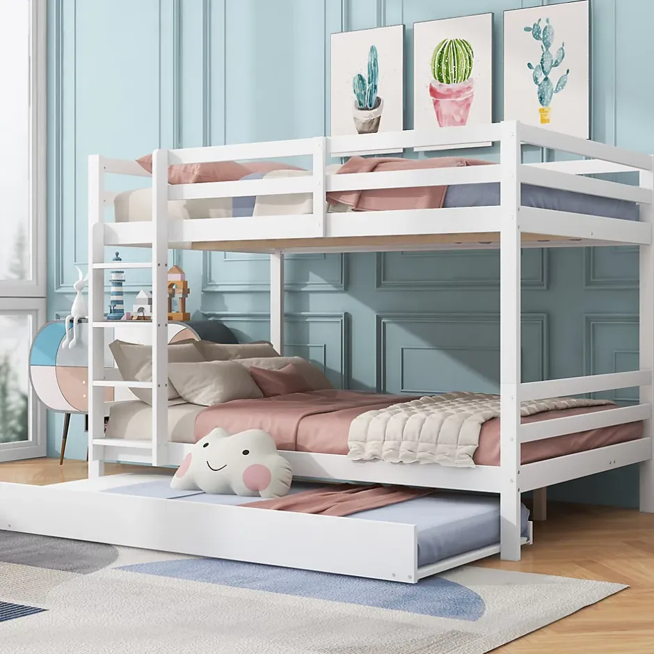 Redom Lit superposé 140x200 cm avec lit gigogne et échelle intégrée, structure en pin et MDF, finition blanche et garde-corps hauts Sale
