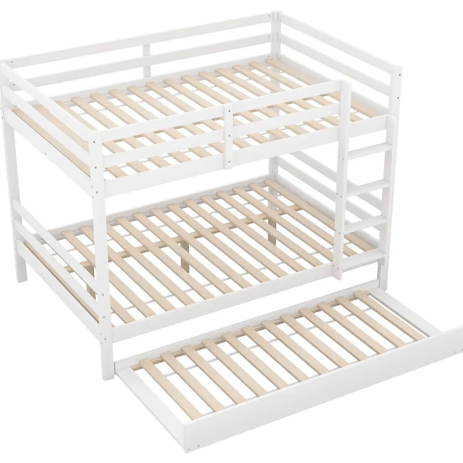 Redom Lit superposé 140x200 cm avec lit gigogne et échelle intégrée, structure en pin et MDF, finition blanche et garde-corps hauts Sale