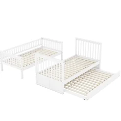 Redom Lit superposé 90x200 cm avec lit gigogne et échelle intégrée en pin blanc, modulable, gain de place Hot