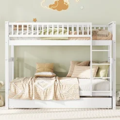 Redom Lit superposé 90x200 cm avec lit gigogne et échelle intégrée en pin blanc, modulable, gain de place Hot