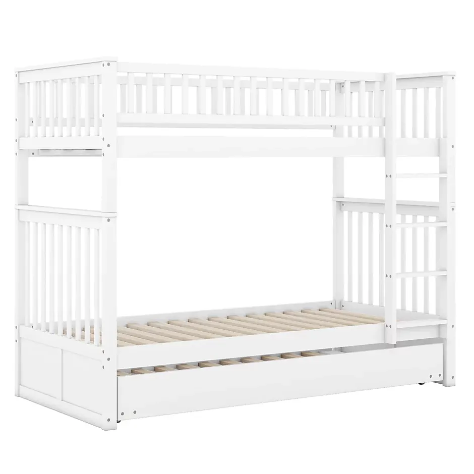 Redom Lit superposé 90x200 cm avec lit gigogne et échelle intégrée en pin blanc, modulable, gain de place Hot