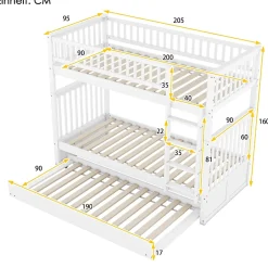 Redom Lit superposé 90x200 cm avec lit gigogne et échelle intégrée en pin blanc, modulable, gain de place Hot