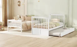Redom Lit superposé 90x200 cm avec lit gigogne et échelle intégrée en pin blanc, modulable, gain de place Hot