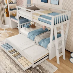 Enfant Okwish Lit Superposé 90x200 cm avec Lit Gigogne et 3 Tiroirs - Bois de Pin et MDF - Sans Matelas - Blanc