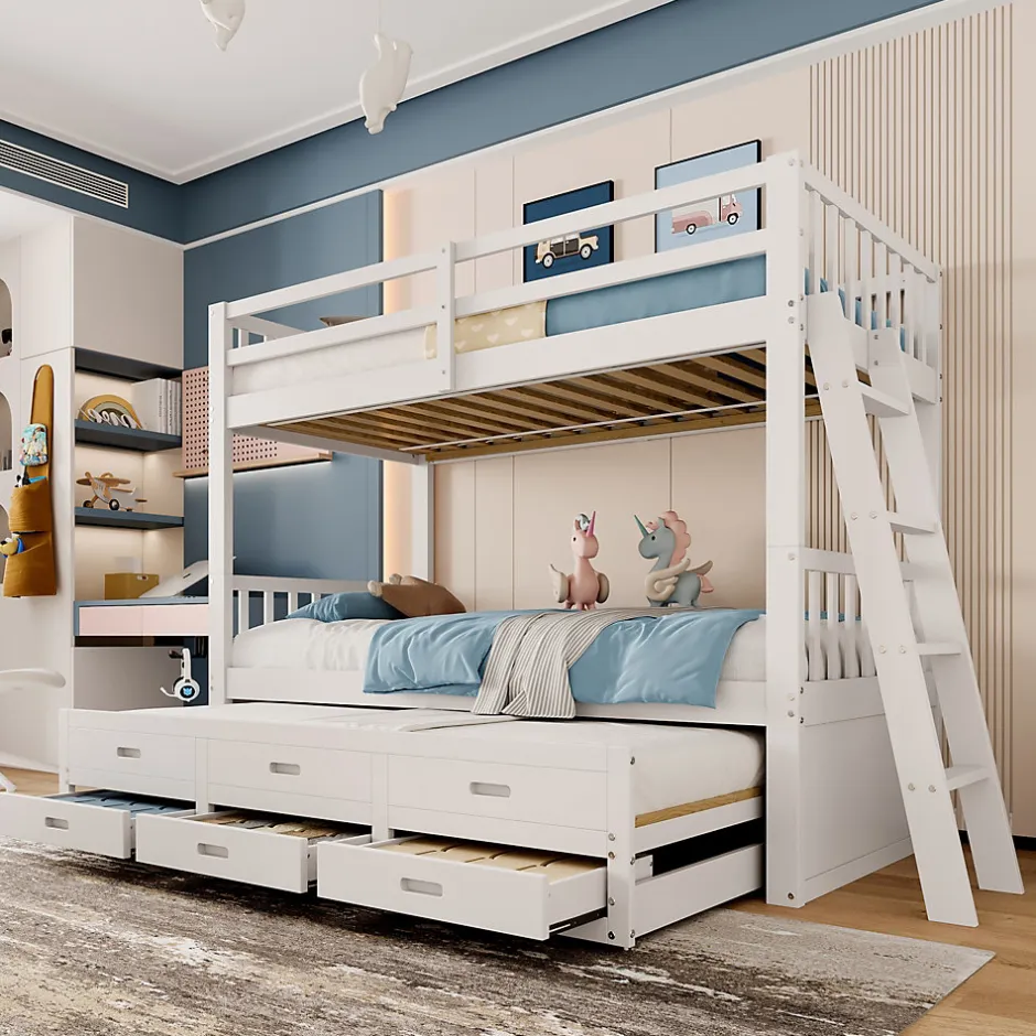 Enfant Okwish Lit Superposé 90x200 cm avec Lit Gigogne et 3 Tiroirs - Bois de Pin et MDF - Sans Matelas - Blanc