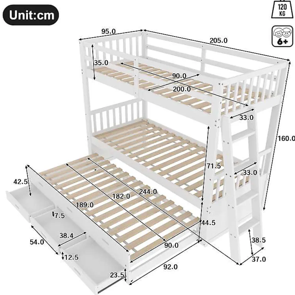 Enfant Okwish Lit Superposé 90x200 cm avec Lit Gigogne et 3 Tiroirs - Bois de Pin et MDF - Sans Matelas - Blanc