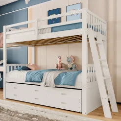 Enfant Okwish Lit Superposé 90x200 cm avec Lit Gigogne et 3 Tiroirs - Bois de Pin et MDF - Sans Matelas - Blanc