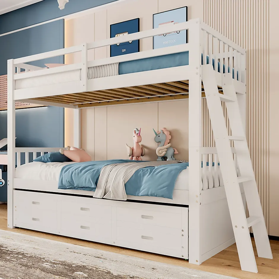 Enfant Okwish Lit Superposé 90x200 cm avec Lit Gigogne et 3 Tiroirs - Bois de Pin et MDF - Sans Matelas - Blanc
