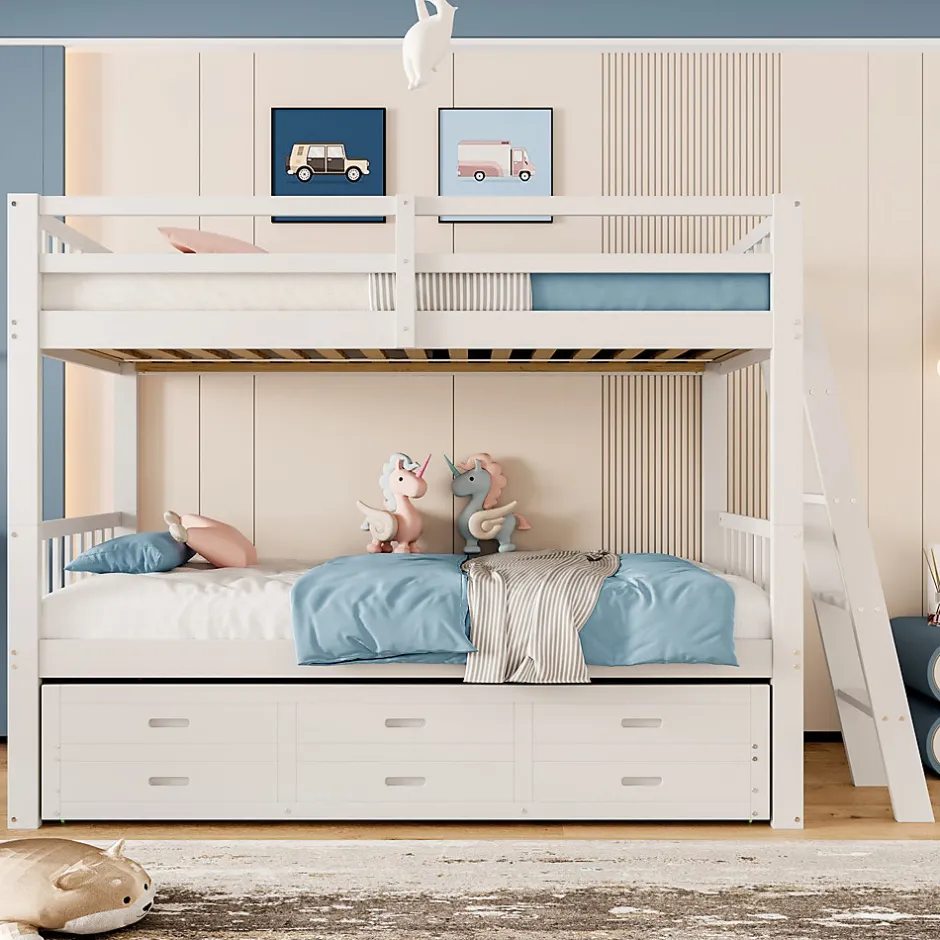 Enfant Okwish Lit Superposé 90x200 cm avec Lit Gigogne et 3 Tiroirs - Bois de Pin et MDF - Sans Matelas - Blanc