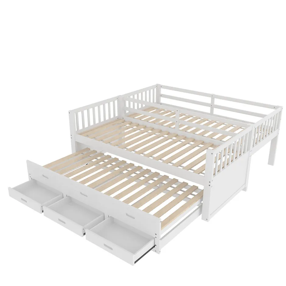 Enfant Okwish Lit Superposé 90x200 cm avec Lit Gigogne et 3 Tiroirs - Bois de Pin et MDF - Sans Matelas - Blanc