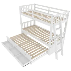 Enfant Okwish Lit Superposé 90x200 cm avec Lit Gigogne et 3 Tiroirs - Bois de Pin et MDF - Sans Matelas - Blanc