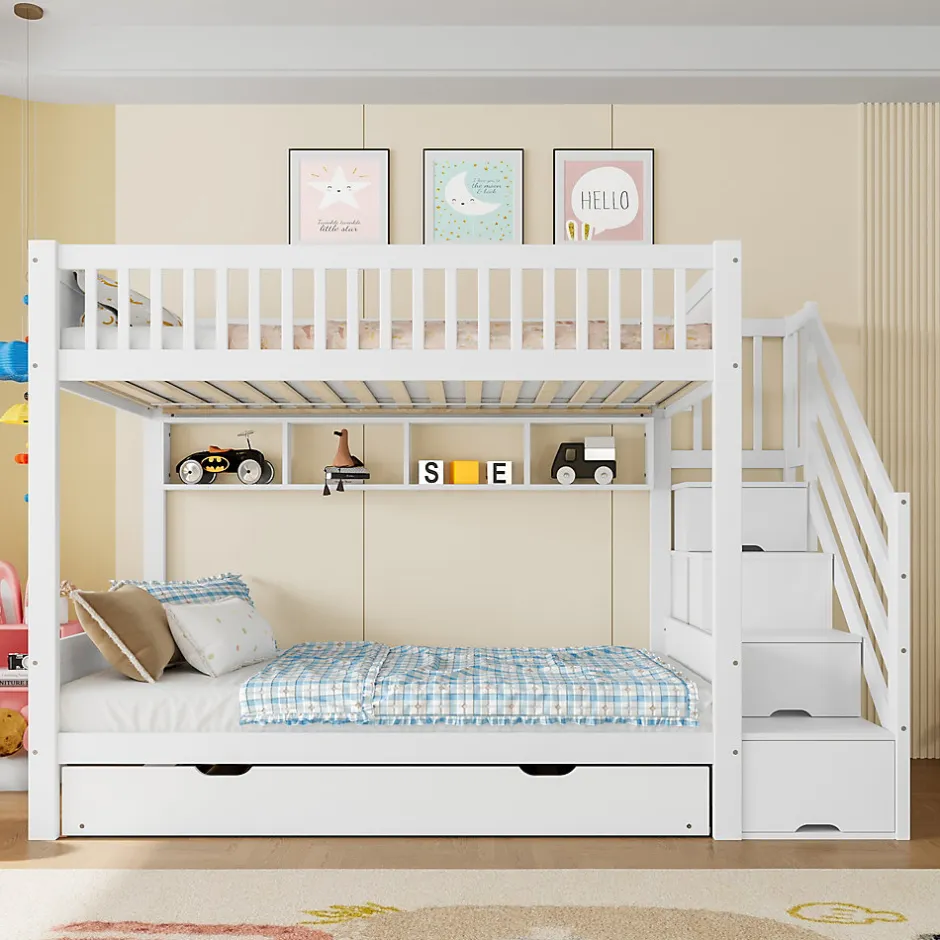 Enfant Redom Lit superposé 90x200 cm avec lit gigogne et armoire intégrée, escalier coffre en pin blanc