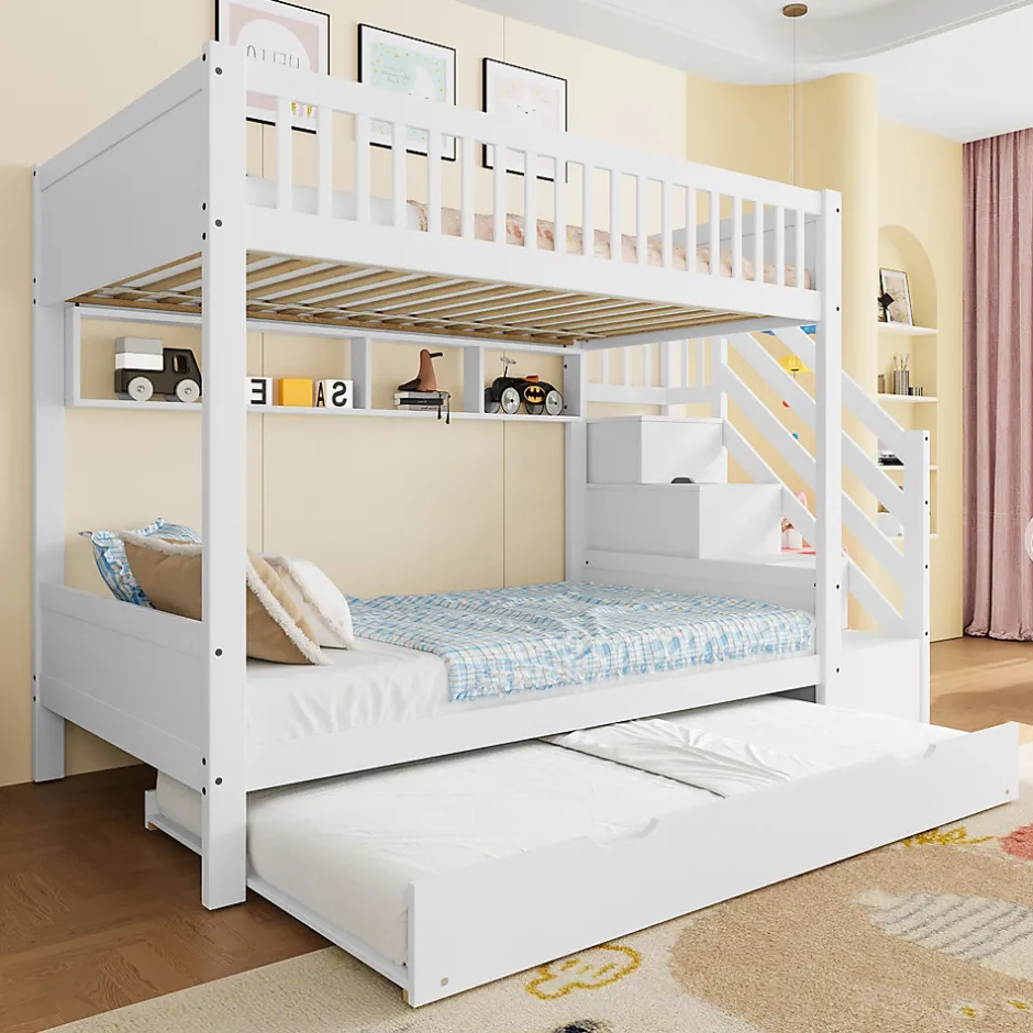 Enfant Redom Lit superposé 90x200 cm avec lit gigogne et armoire intégrée, escalier coffre en pin blanc