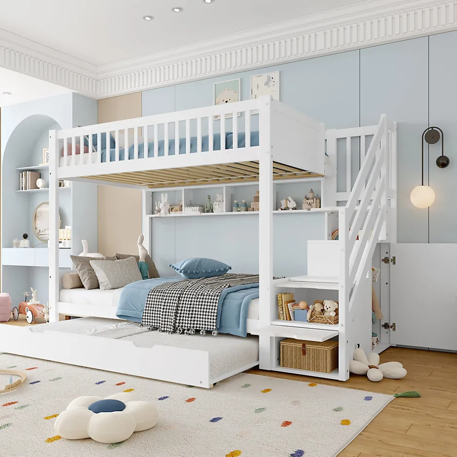 Enfant Redom Lit superposé 90x200 cm avec lit gigogne et armoire intégrée, escalier coffre en pin blanc