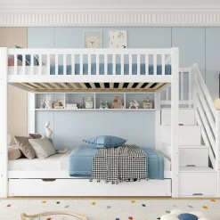 Enfant Redom Lit superposé 90x200 cm avec lit gigogne et armoire intégrée, escalier coffre en pin blanc