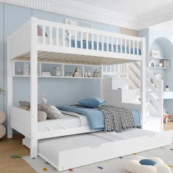 Enfant Redom Lit superposé 90x200 cm avec lit gigogne et armoire intégrée, escalier coffre en pin blanc