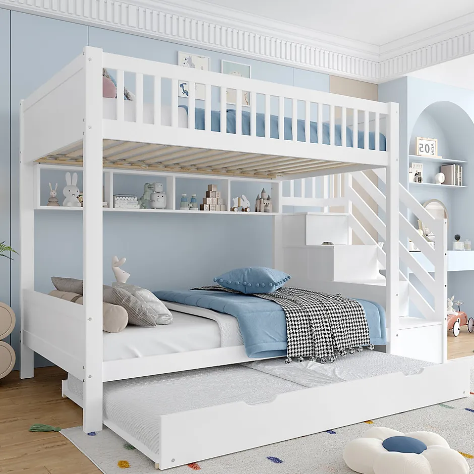 Enfant Redom Lit superposé 90x200 cm avec lit gigogne et armoire intégrée, escalier coffre en pin blanc